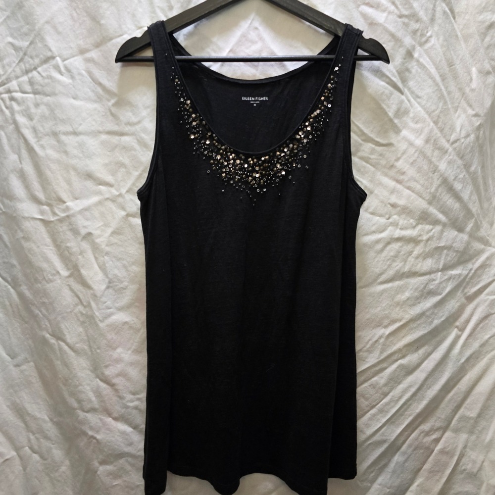 EILEEN FISHER Black Linen Tank Tunic Top Embellished Beaded Neckline Size Medium